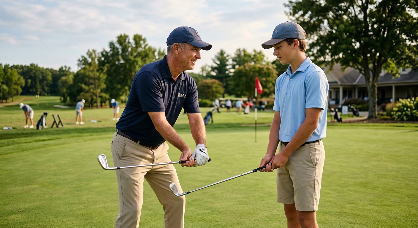 Coach working with a junior golfer